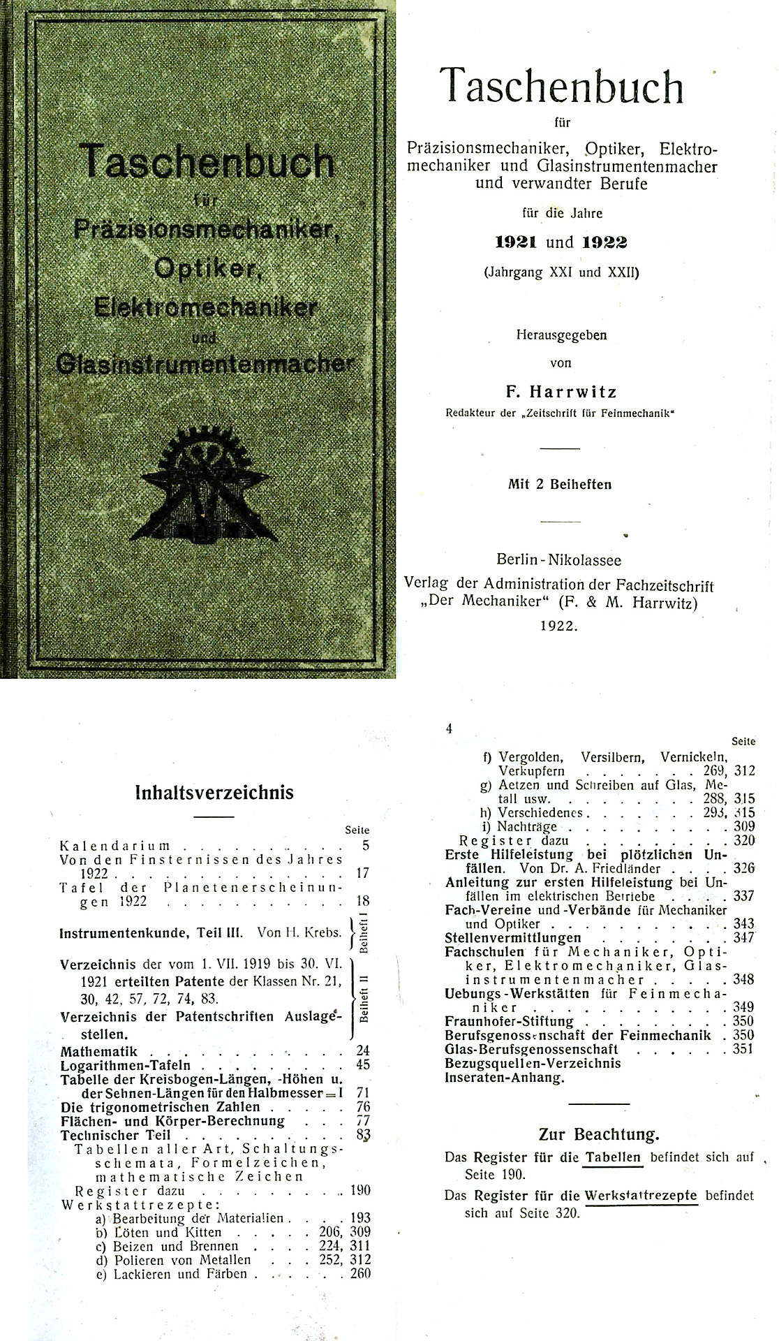 Taschenbuch für Präzisionsmechaniker, Optiker, Elektromechaniker und Glasinstrumentenmacher - Harrwitz, F.
